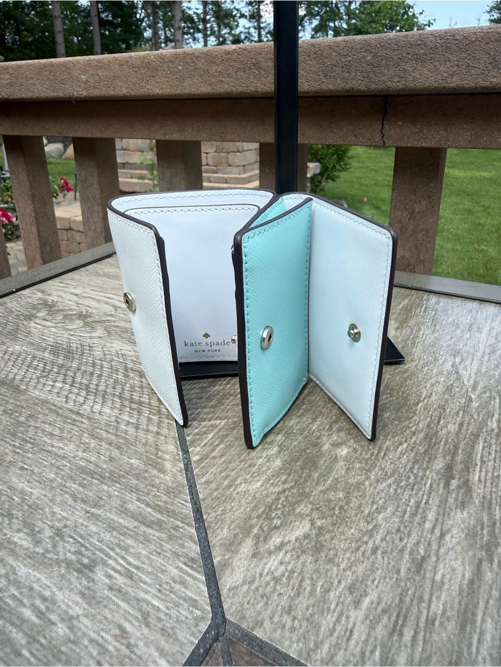 NWOT Kate Spade Teal and White Staci Colorblock Micro Trifold Wallet - Picture 9 of 10